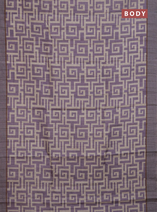 Semi tussar saree lavender and beige with geometric prints and simple border