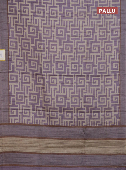 Semi tussar saree lavender and beige with geometric prints and simple border