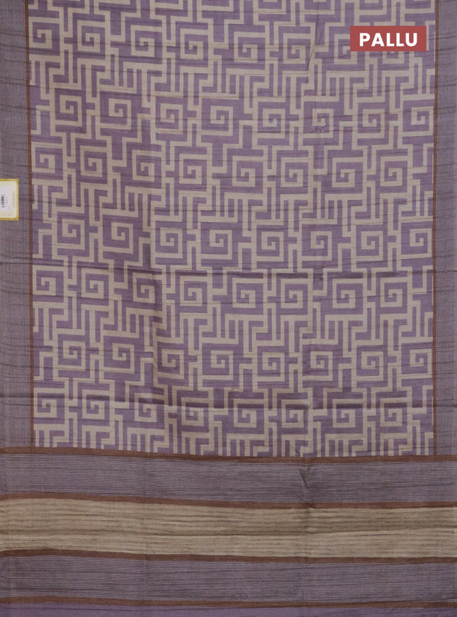 Semi tussar saree lavender and beige with geometric prints and simple border