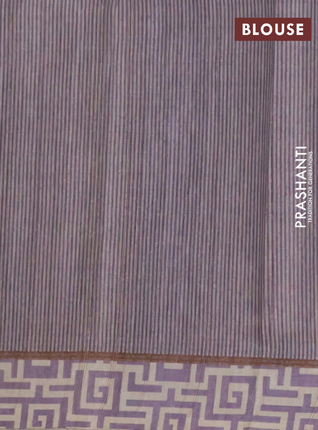 Semi tussar saree lavender and beige with geometric prints and simple border