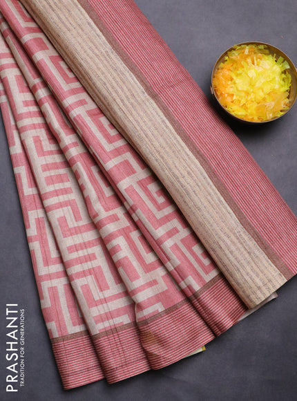 Semi tussar saree peach shade and beige with geometric prints and simple border