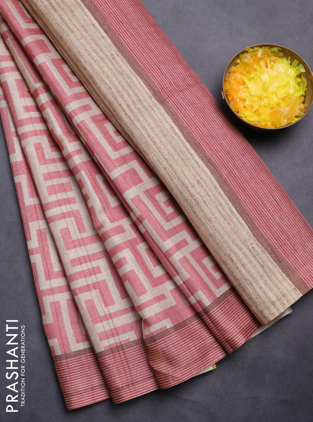 Semi tussar saree peach shade and beige with geometric prints and simple border