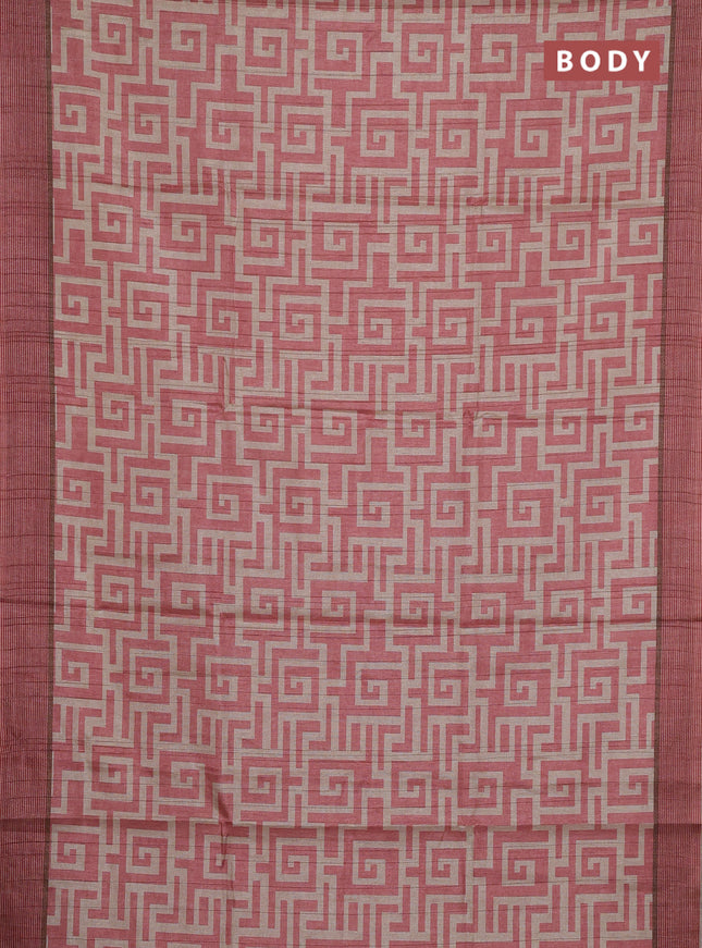 Semi tussar saree peach shade and beige with geometric prints and simple border