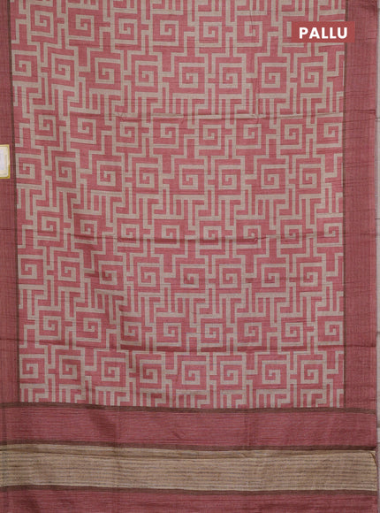 Semi tussar saree peach shade and beige with geometric prints and simple border