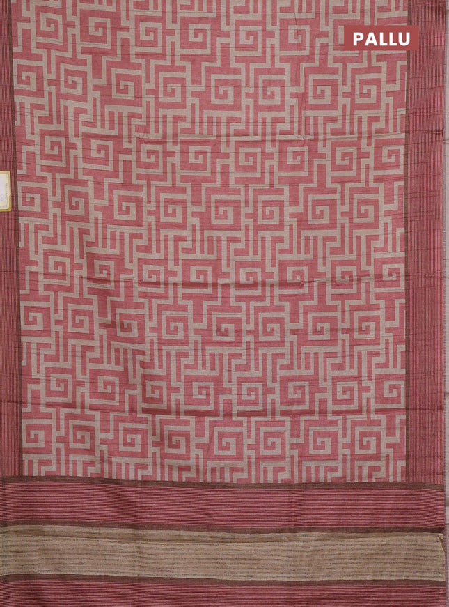 Semi tussar saree peach shade and beige with geometric prints and simple border