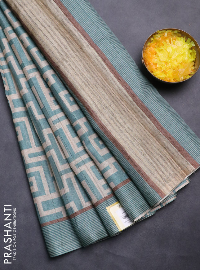 Semi tussar saree pastel green and beige with geometric prints and simple border