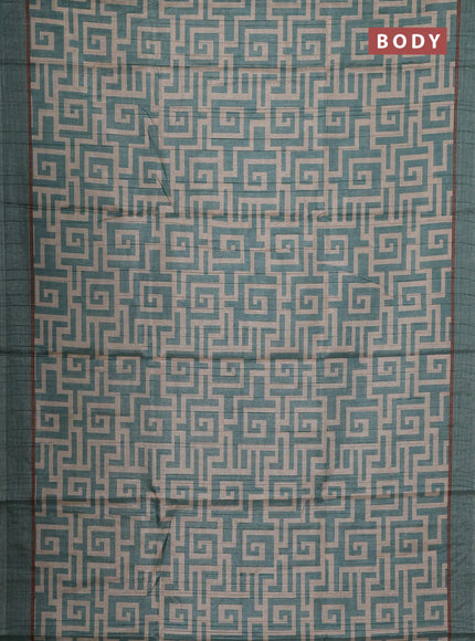 Semi tussar saree pastel green and beige with geometric prints and simple border