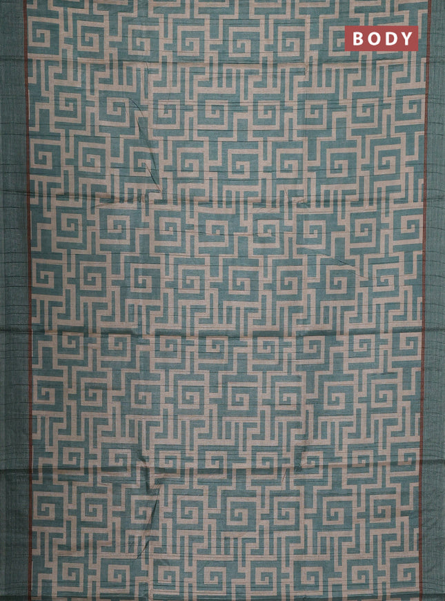 Semi tussar saree pastel green and beige with geometric prints and simple border