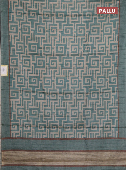 Semi tussar saree pastel green and beige with geometric prints and simple border