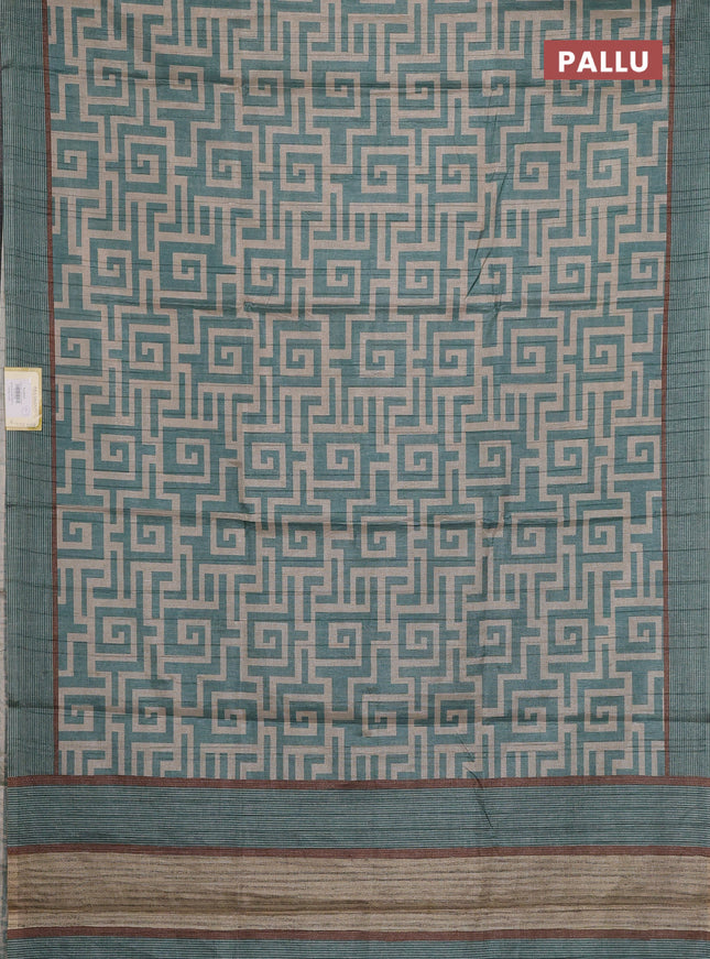 Semi tussar saree pastel green and beige with geometric prints and simple border