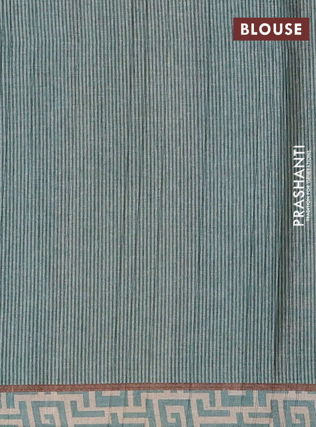 Semi tussar saree pastel green and beige with geometric prints and simple border