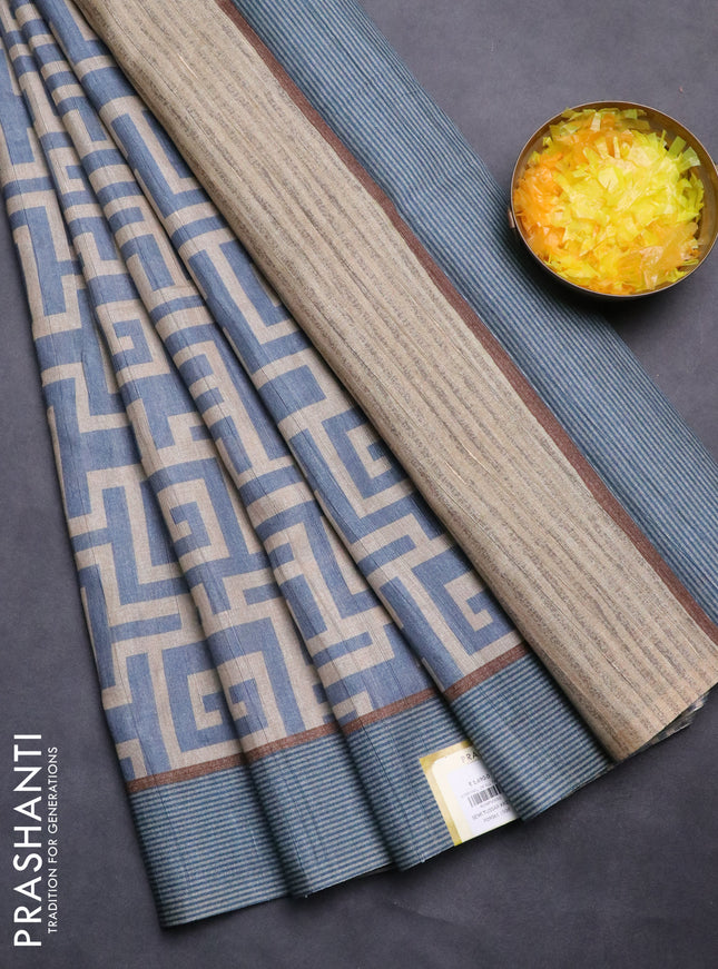 Semi tussar saree pastel blue and beige with geometric prints and simple border