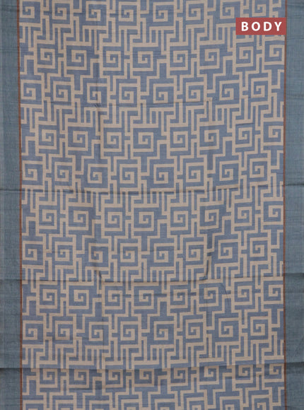 Semi tussar saree pastel blue and beige with geometric prints and simple border