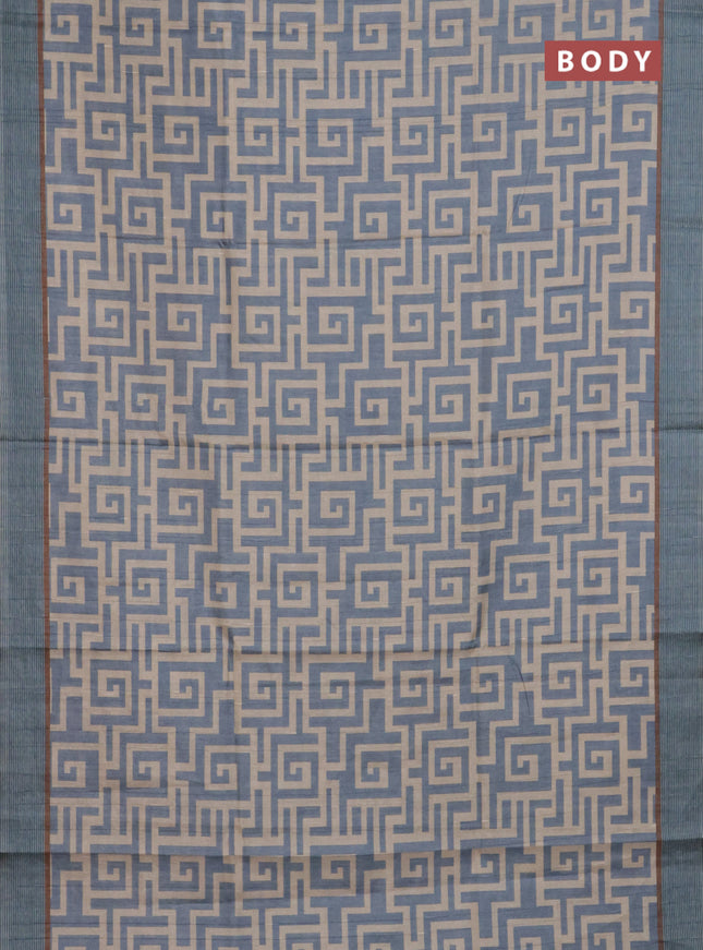 Semi tussar saree pastel blue and beige with geometric prints and simple border