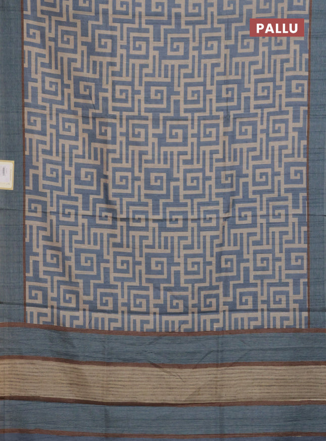 Semi tussar saree pastel blue and beige with geometric prints and simple border