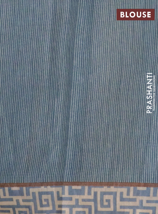 Semi tussar saree pastel blue and beige with geometric prints and simple border