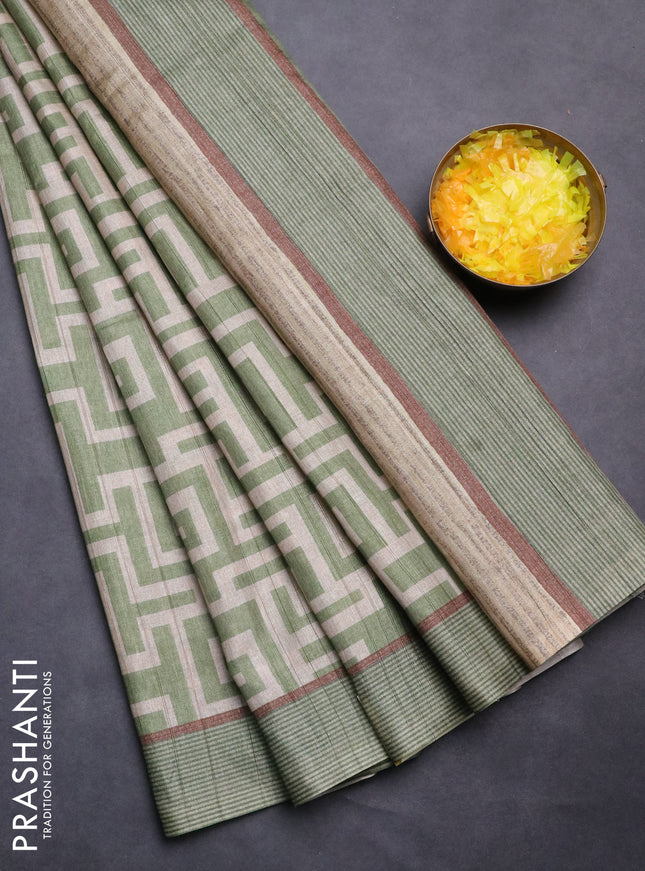 Semi tussar saree light green and beige with geometric prints and simple border