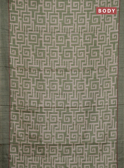 Semi tussar saree light green and beige with geometric prints and simple border