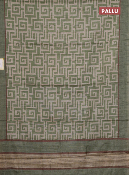 Semi tussar saree light green and beige with geometric prints and simple border
