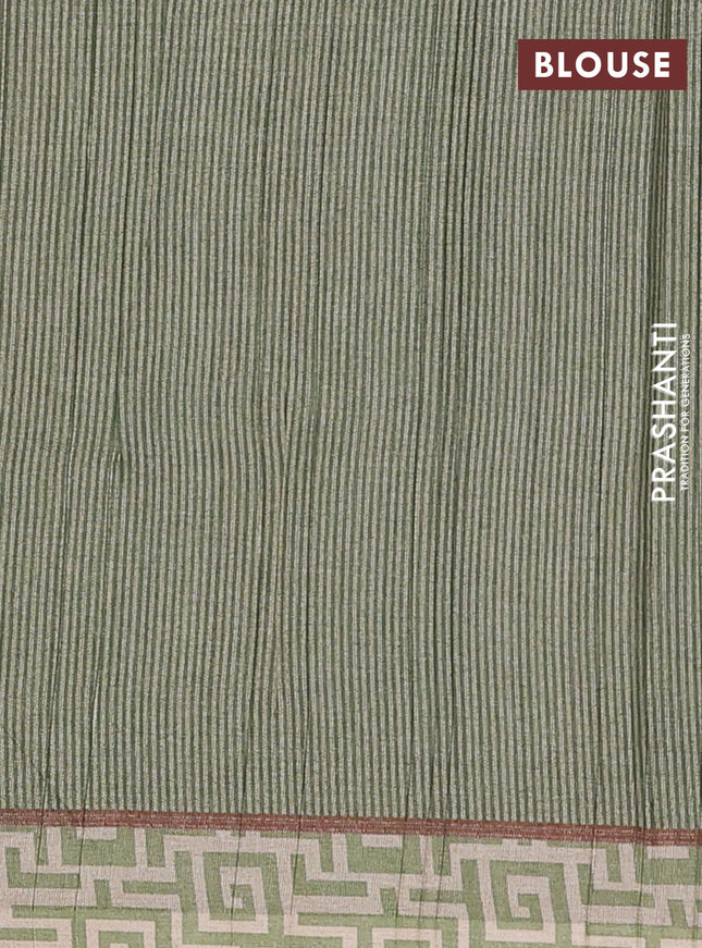 Semi tussar saree light green and beige with geometric prints and simple border