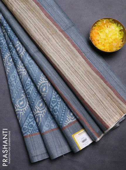 Semi tussar saree blue shade with allover prints and simple border