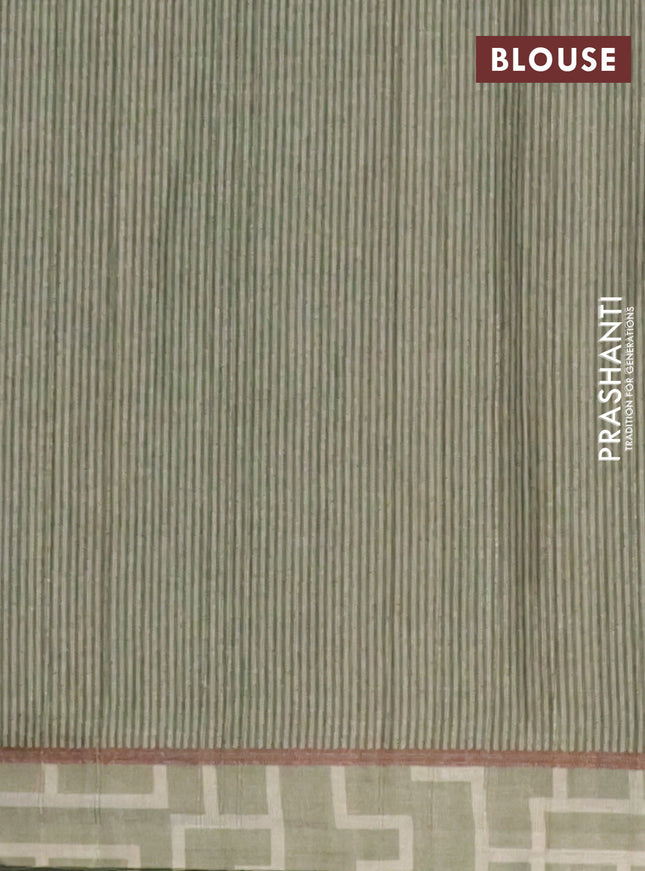 Semi tussar saree pastel green with geometric prints and simple border