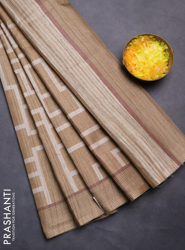 Semi tussar saree dark sandal with geometric prints and simple border