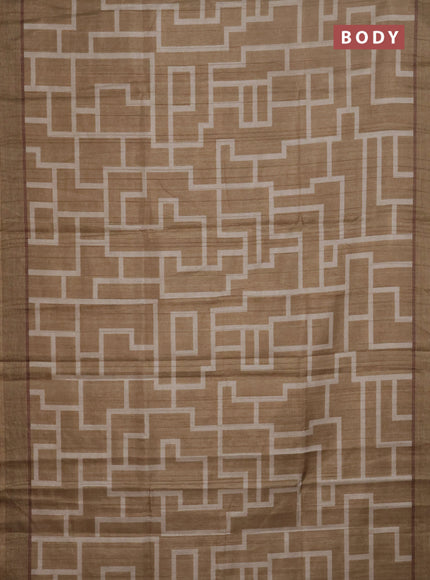 Semi tussar saree dark sandal with geometric prints and simple border