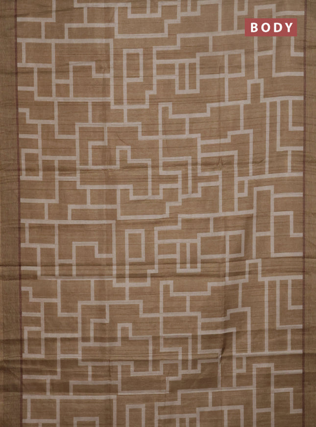 Semi tussar saree dark sandal with geometric prints and simple border