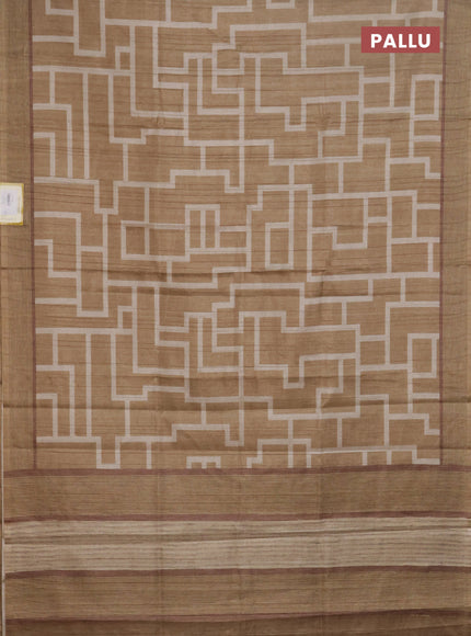 Semi tussar saree dark sandal with geometric prints and simple border