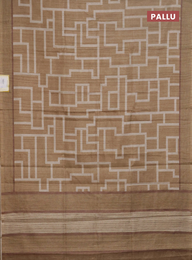 Semi tussar saree dark sandal with geometric prints and simple border