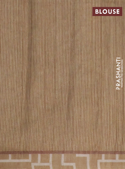 Semi tussar saree dark sandal with geometric prints and simple border