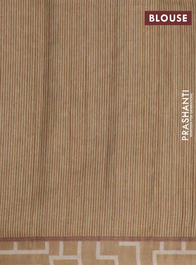 Semi tussar saree dark sandal with geometric prints and simple border