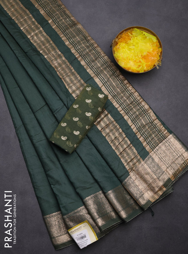 Semi mangalagiri saree green with plain body and zari woven border and Zari brocade blouse