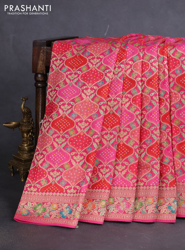 Banarasi georgette saree red and pink with bandhani prints & mina weaves