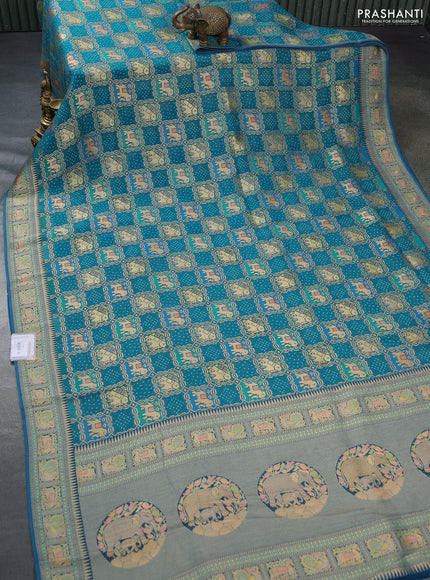 Banarasi georgette saree teal blue with bandhani prints & mina weaves
