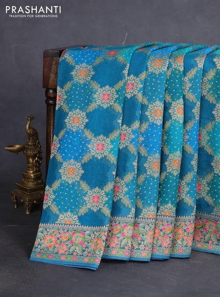 Banarasi georgette saree teal blue with bandhani prints & mina weaves