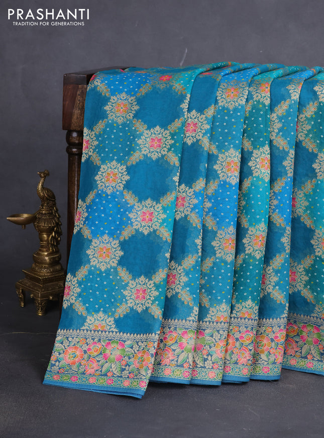 Banarasi georgette saree teal blue with bandhani prints & mina weaves