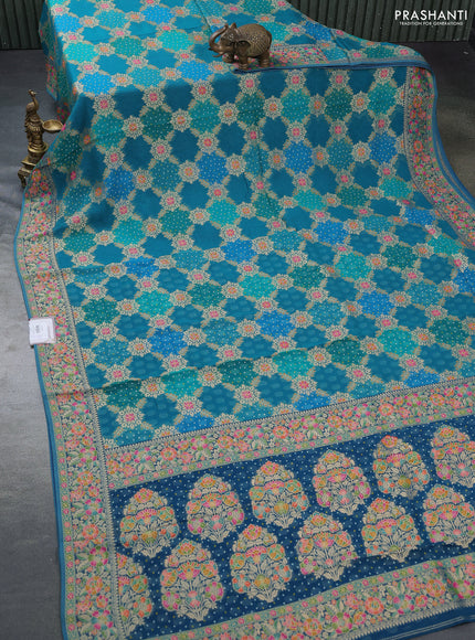 Banarasi georgette saree teal blue with bandhani prints & mina weaves