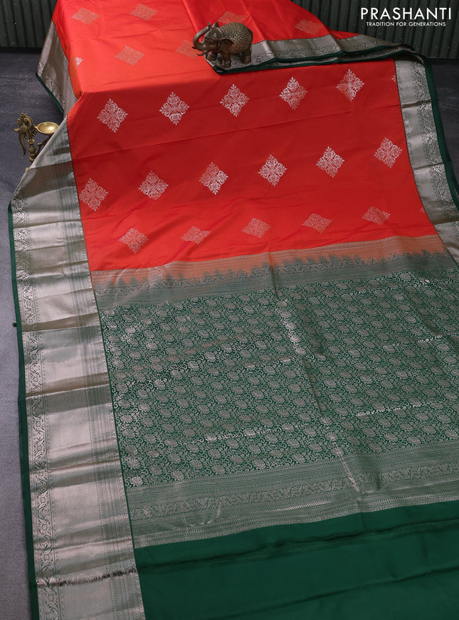 Bangalori silk saree orange and bottle green with zari woven buttas and zari woven border