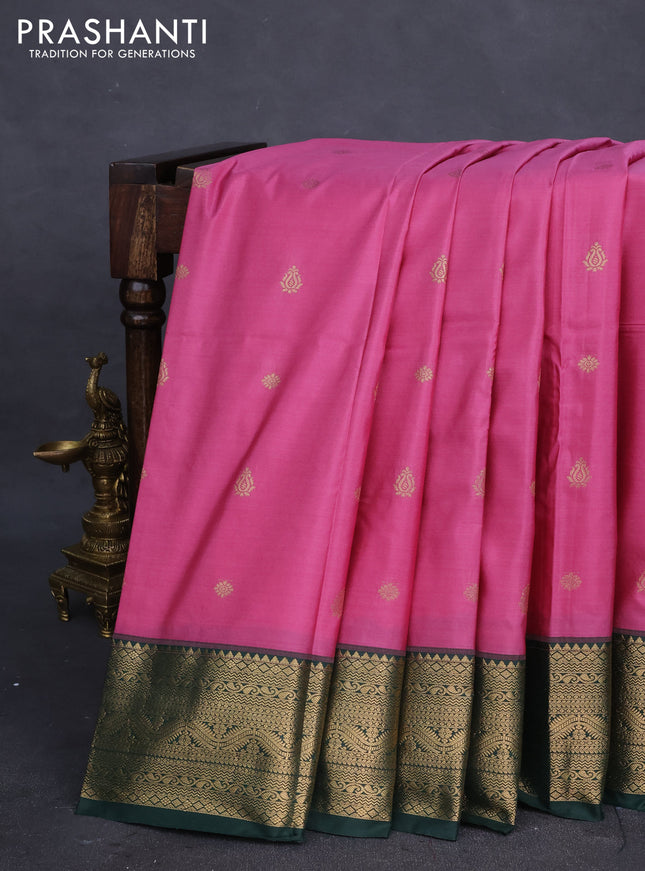 Bangalori silk saree mauve pink and bottle green with zari woven buttas and zari woven border