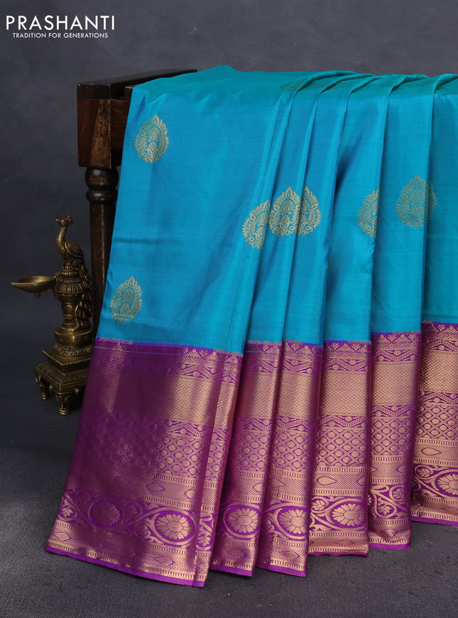 Bangalori silk saree dual shade of teal bluish green and violet with zari woven buttas and long zari woven border