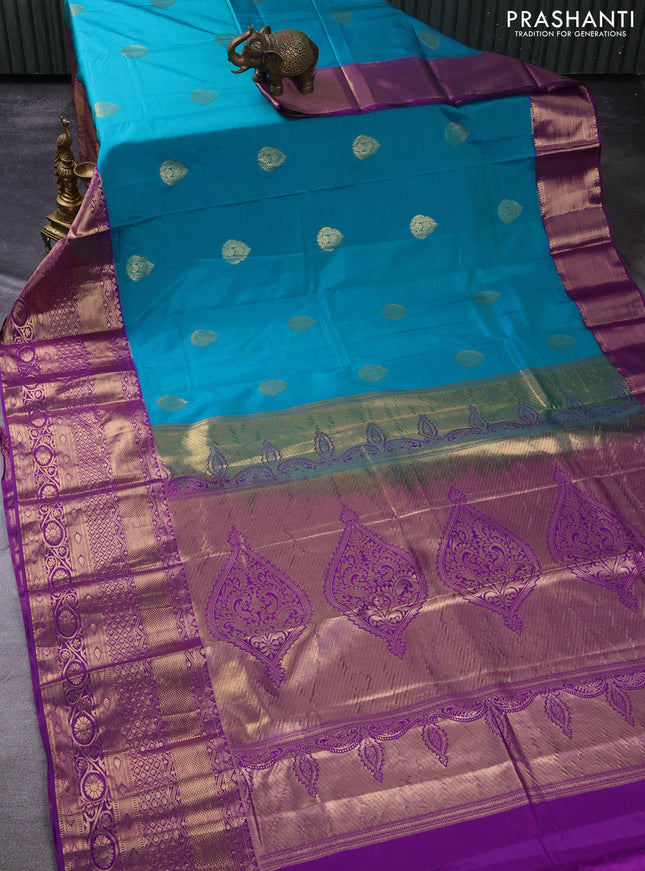 Bangalori silk saree dual shade of teal bluish green and violet with zari woven buttas and long zari woven border