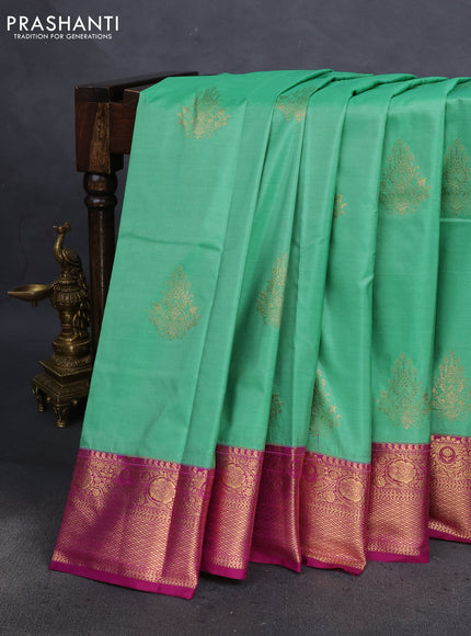 Bangalori silk saree teal green shade and magenta pink with zari woven buttas and zari woven border