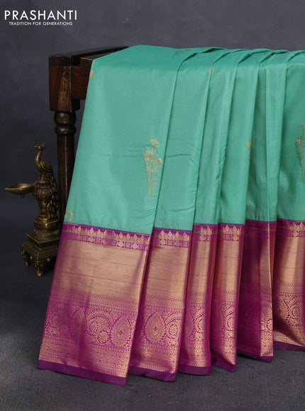 Bangalori silk saree teal green shade and purple with zari woven buttas and long zari woven border