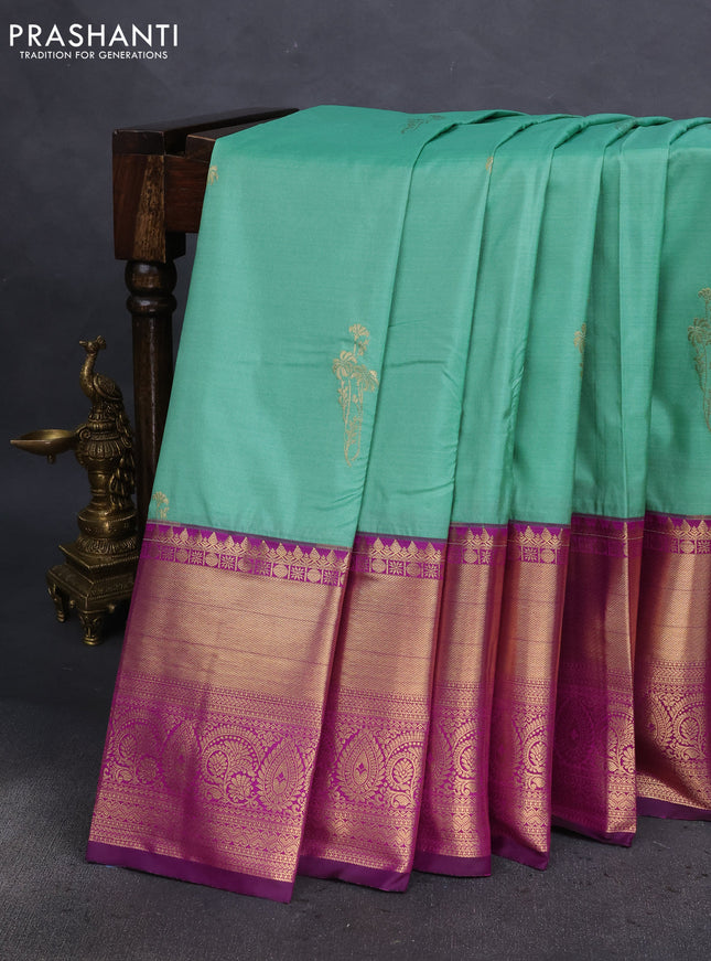 Bangalori silk saree teal green shade and purple with zari woven buttas and long zari woven border