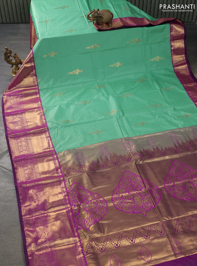 Bangalori silk saree teal green shade and purple with zari woven buttas and long zari woven border