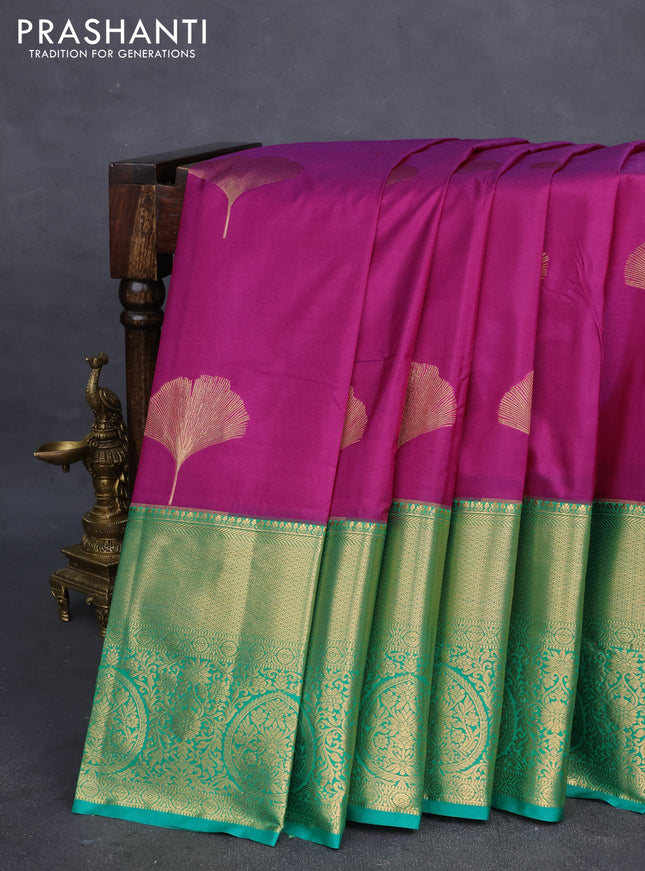 Bangalori silk saree dark magenta pink and green with zari woven buttas and long zari woven border