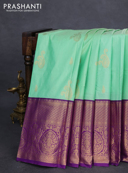 Bangalori silk saree pastel green and violet with zari woven buttas and long zari woven border