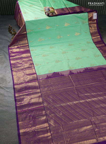 Bangalori silk saree pastel green and violet with zari woven buttas and long zari woven border